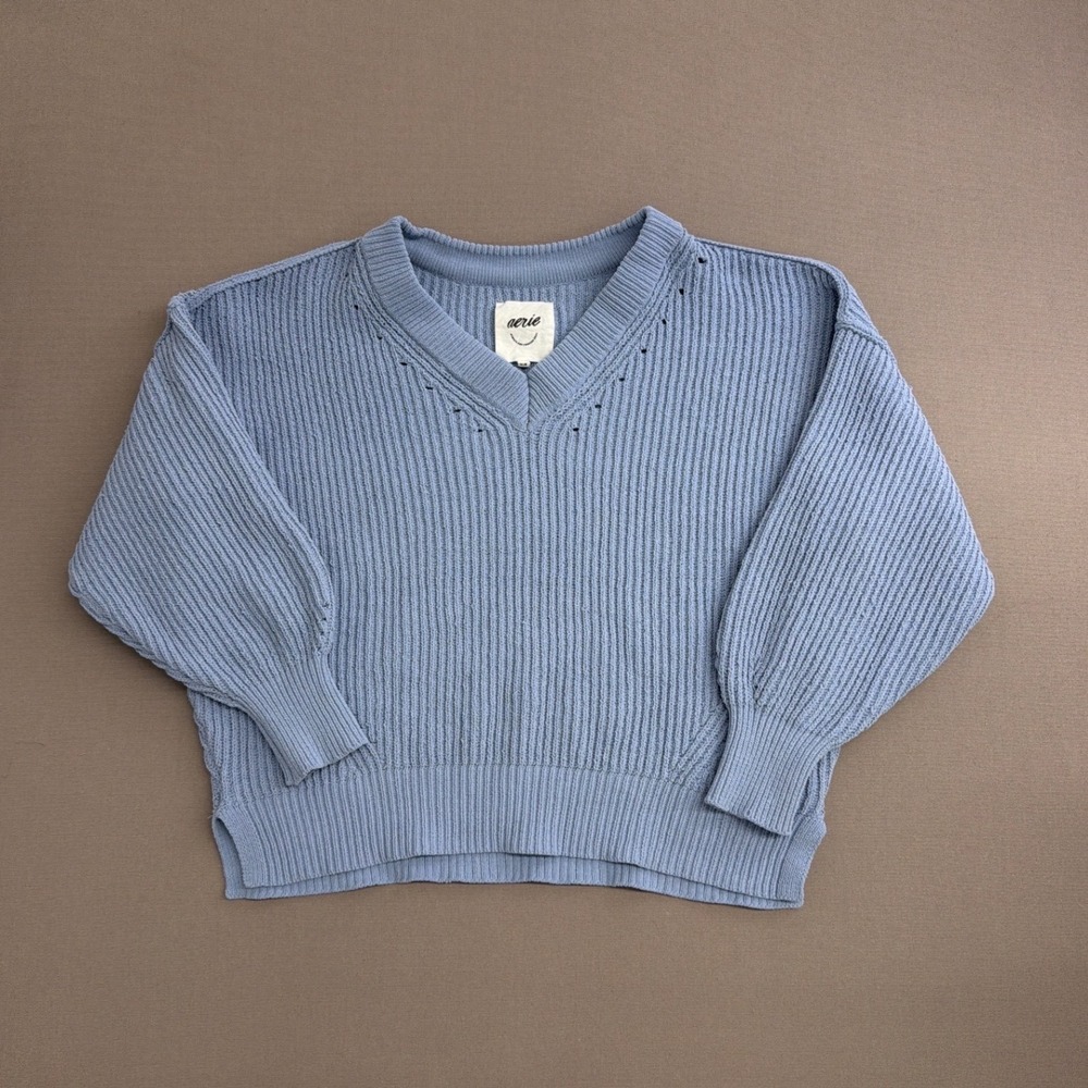Aerie Mens Light Blue Shaker Stitch V-Neck Sweater Oversized Ribbed Knit Medium